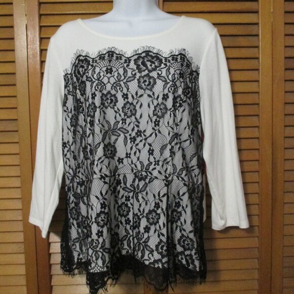 Elle top NEW off white & black lace 3/4 sleeve soft & stretchy size L - Picture 1 of 8